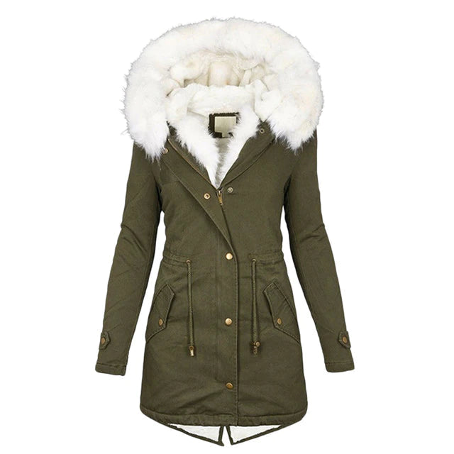 Elina - Lange und elegante Winterjacke mit Kapuze und Pelzkragen