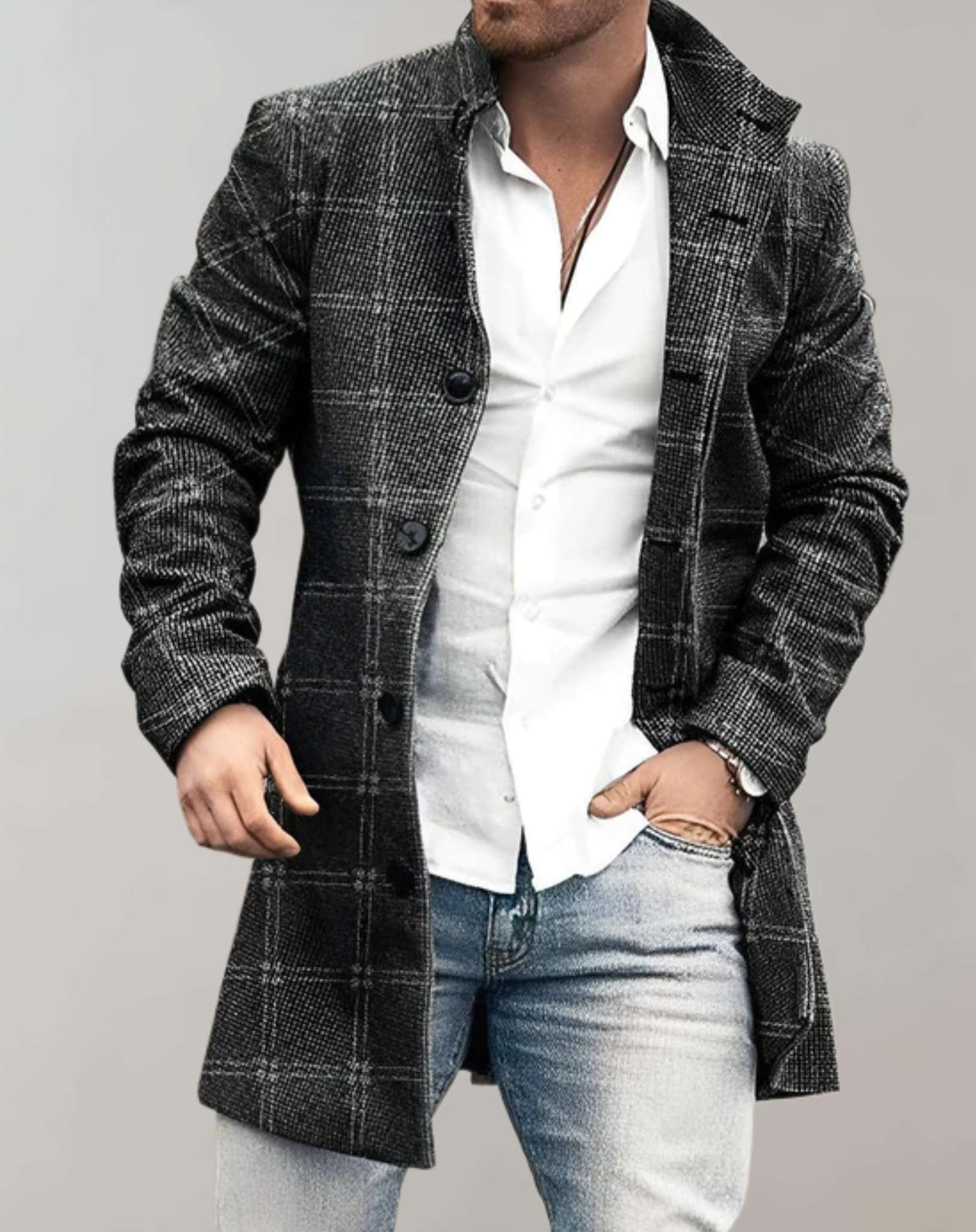 DistinctFit - Herrenjacke in mittlerer Länge mit Slim Fit, hohem Kragen und Knopfverschluss