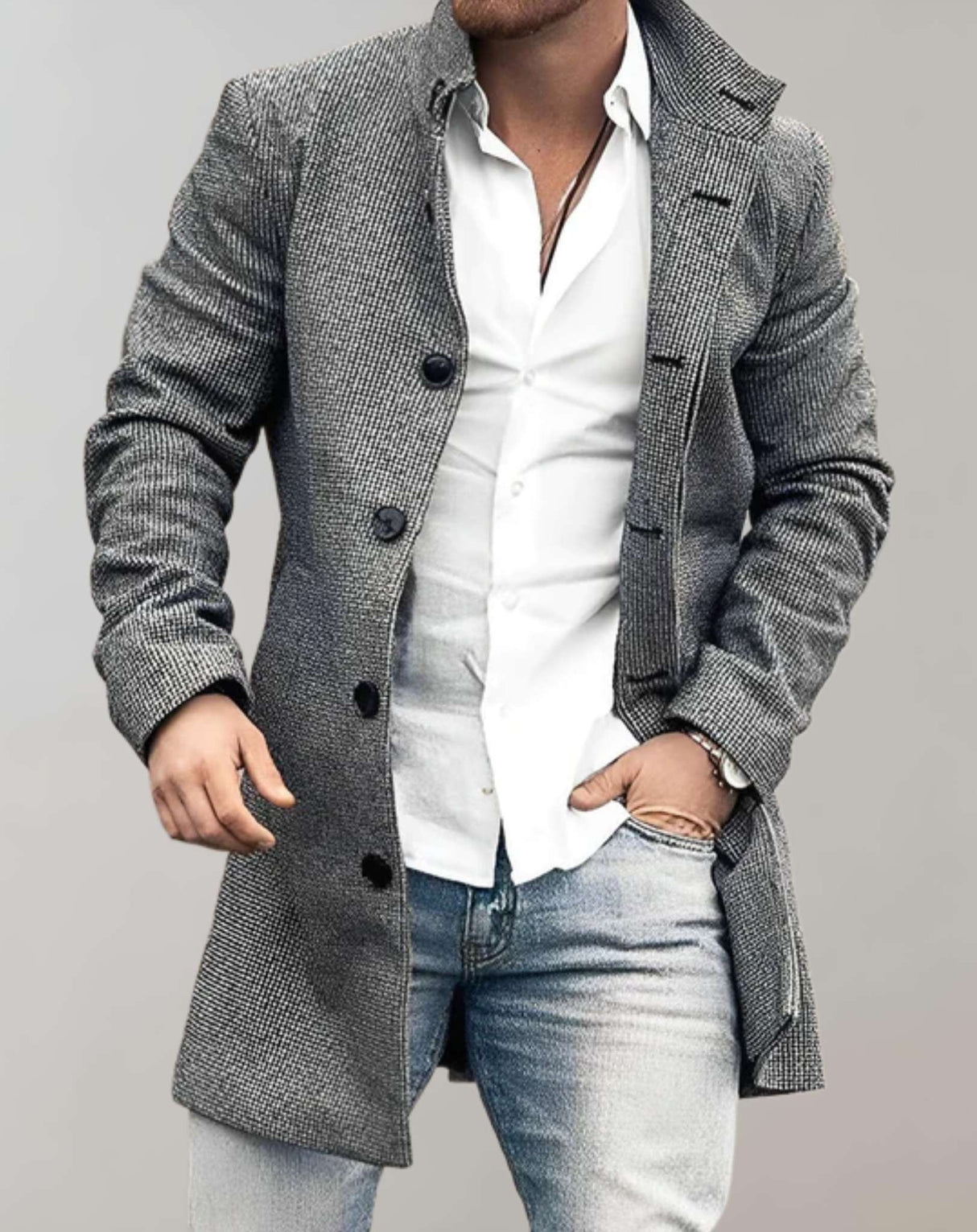 DistinctFit - Herrenjacke in mittlerer Länge mit Slim Fit, hohem Kragen und Knopfverschluss