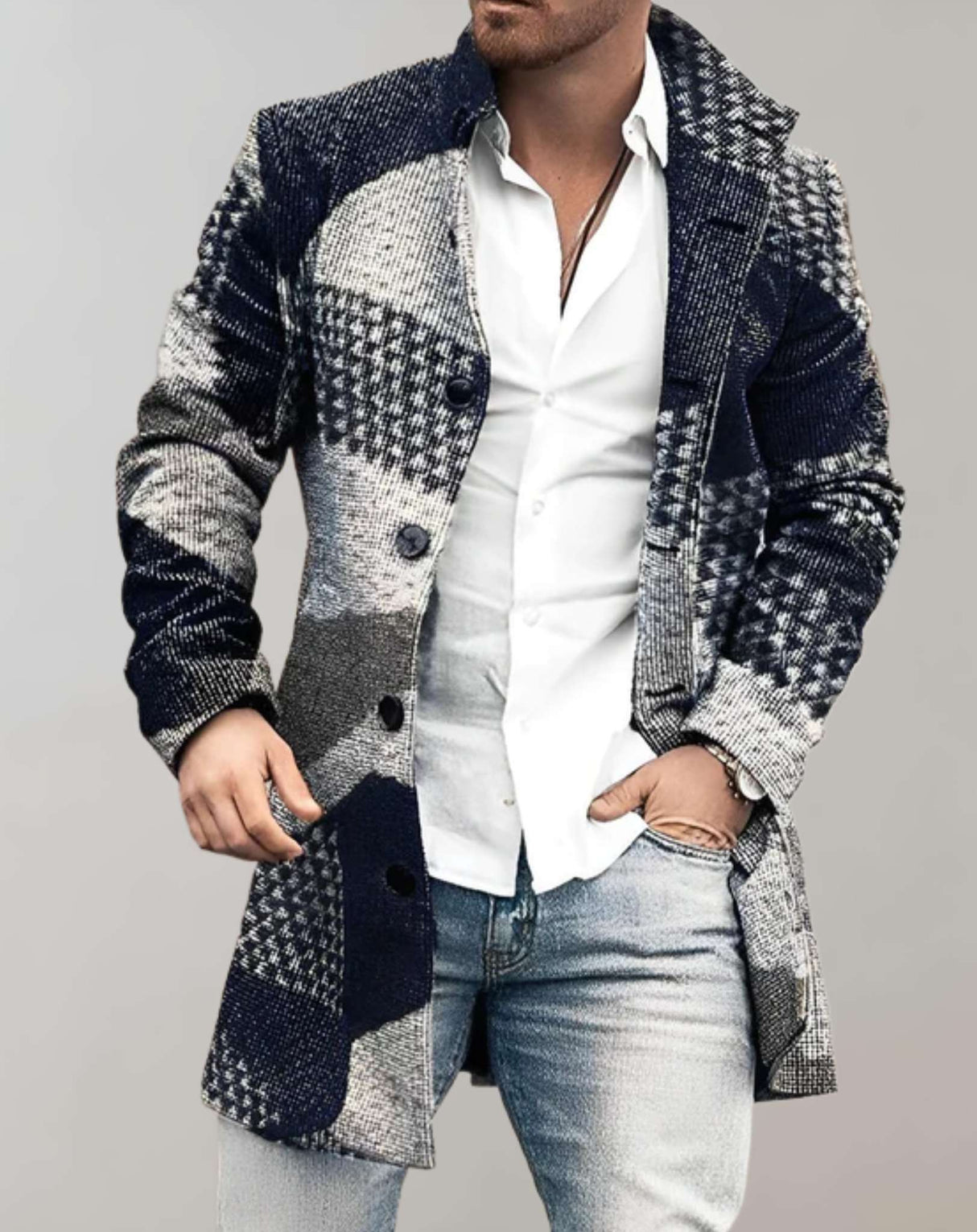 DistinctFit - Herrenjacke in mittlerer Länge mit Slim Fit, hohem Kragen und Knopfverschluss