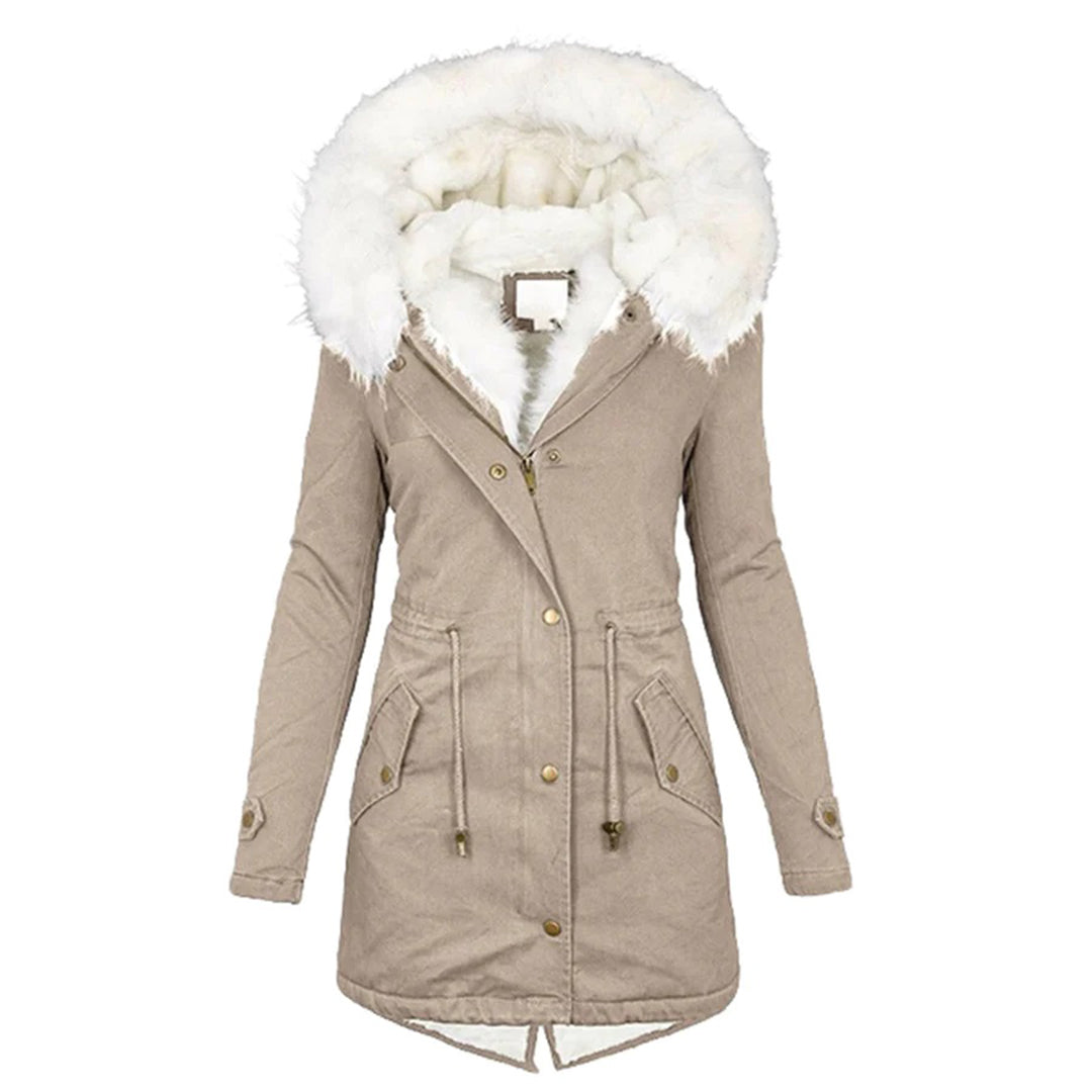 Elina - Lange und elegante Winterjacke mit Kapuze und Pelzkragen
