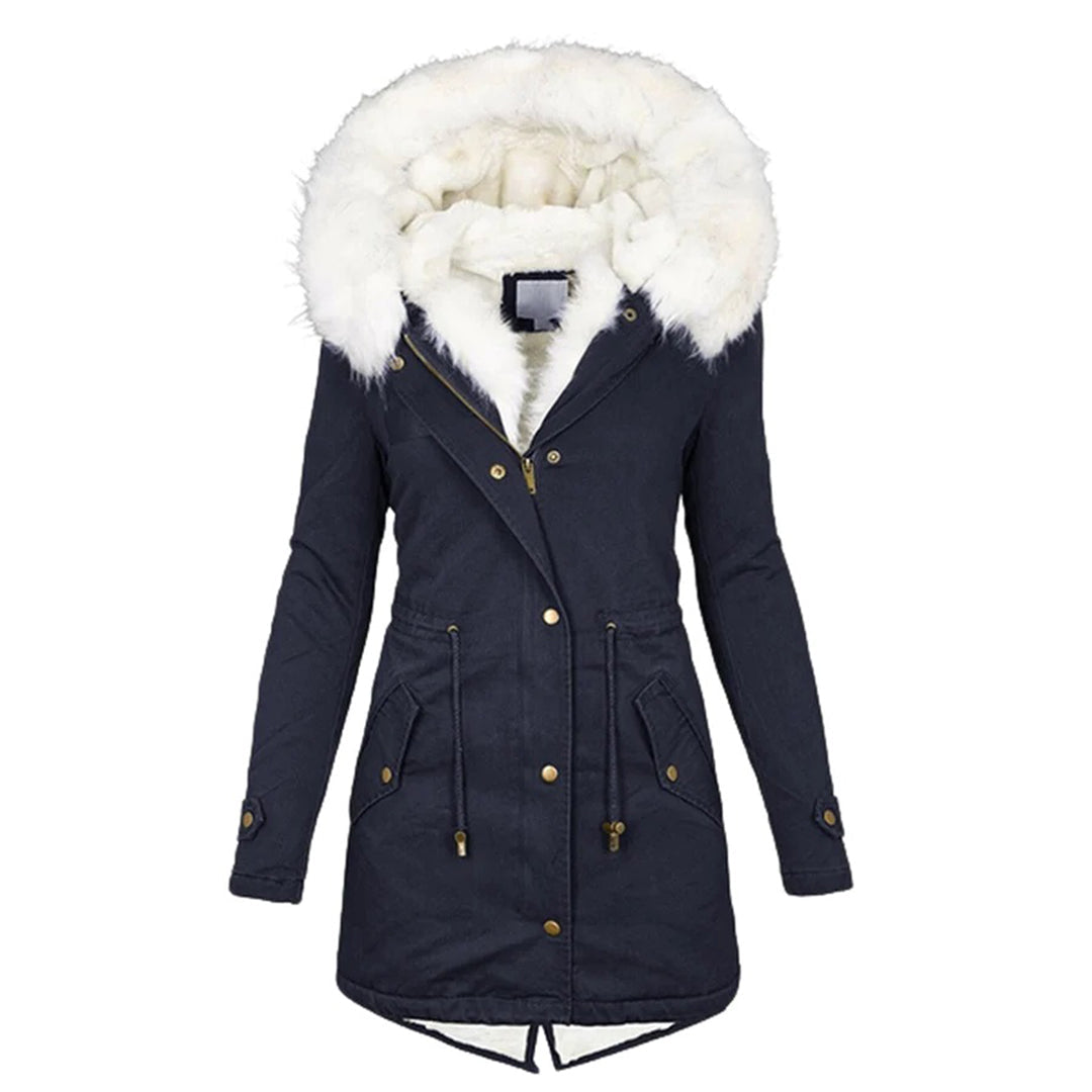Elina - Lange und elegante Winterjacke mit Kapuze und Pelzkragen
