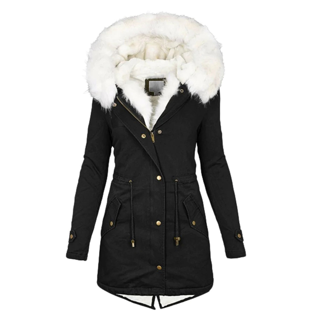 Elina - Lange und elegante Winterjacke mit Kapuze und Pelzkragen